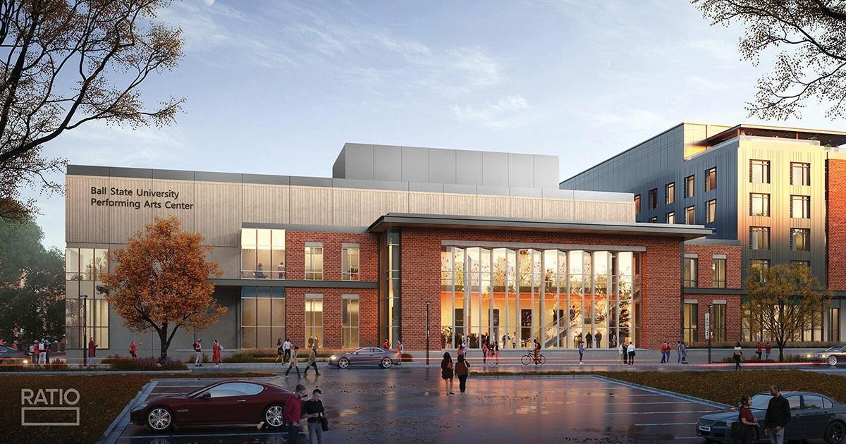 Ratio image of what the new Ball State Performing Arts Center will look like upon completion.