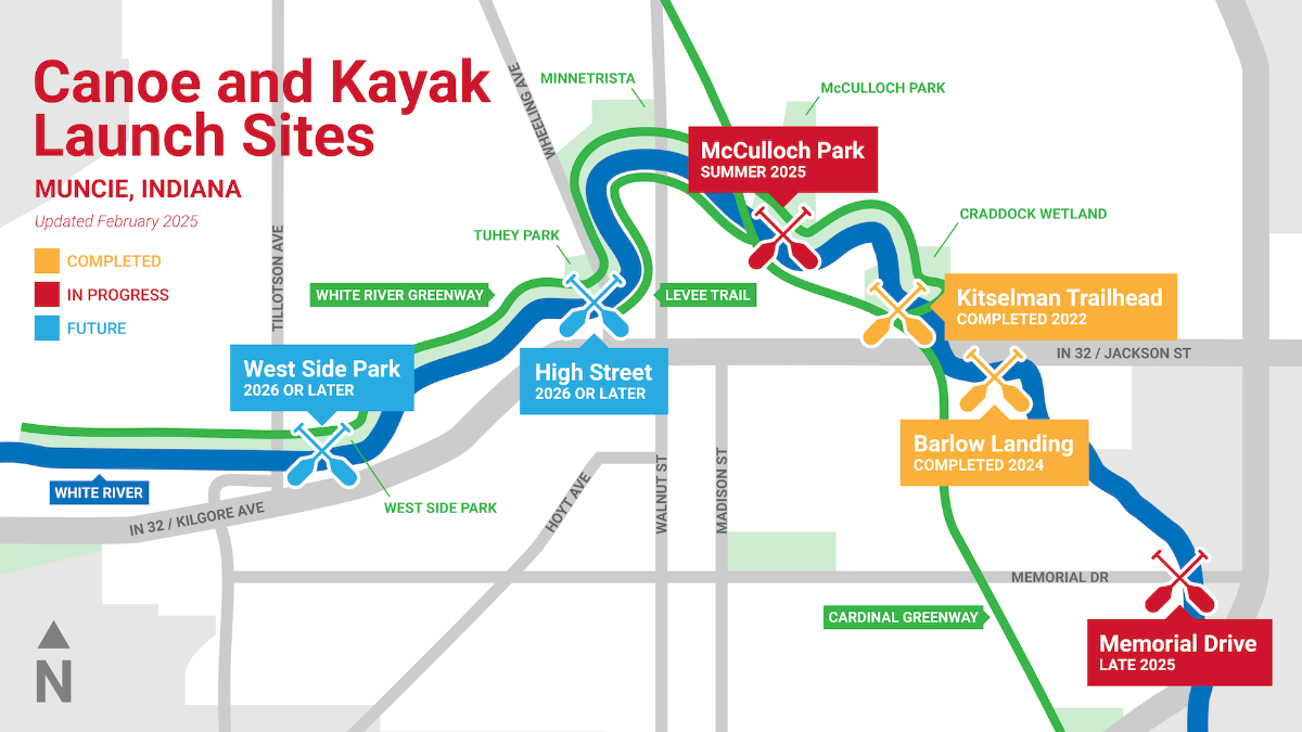 Map of the White River showing completed and future landing sites for canoes and kayaks