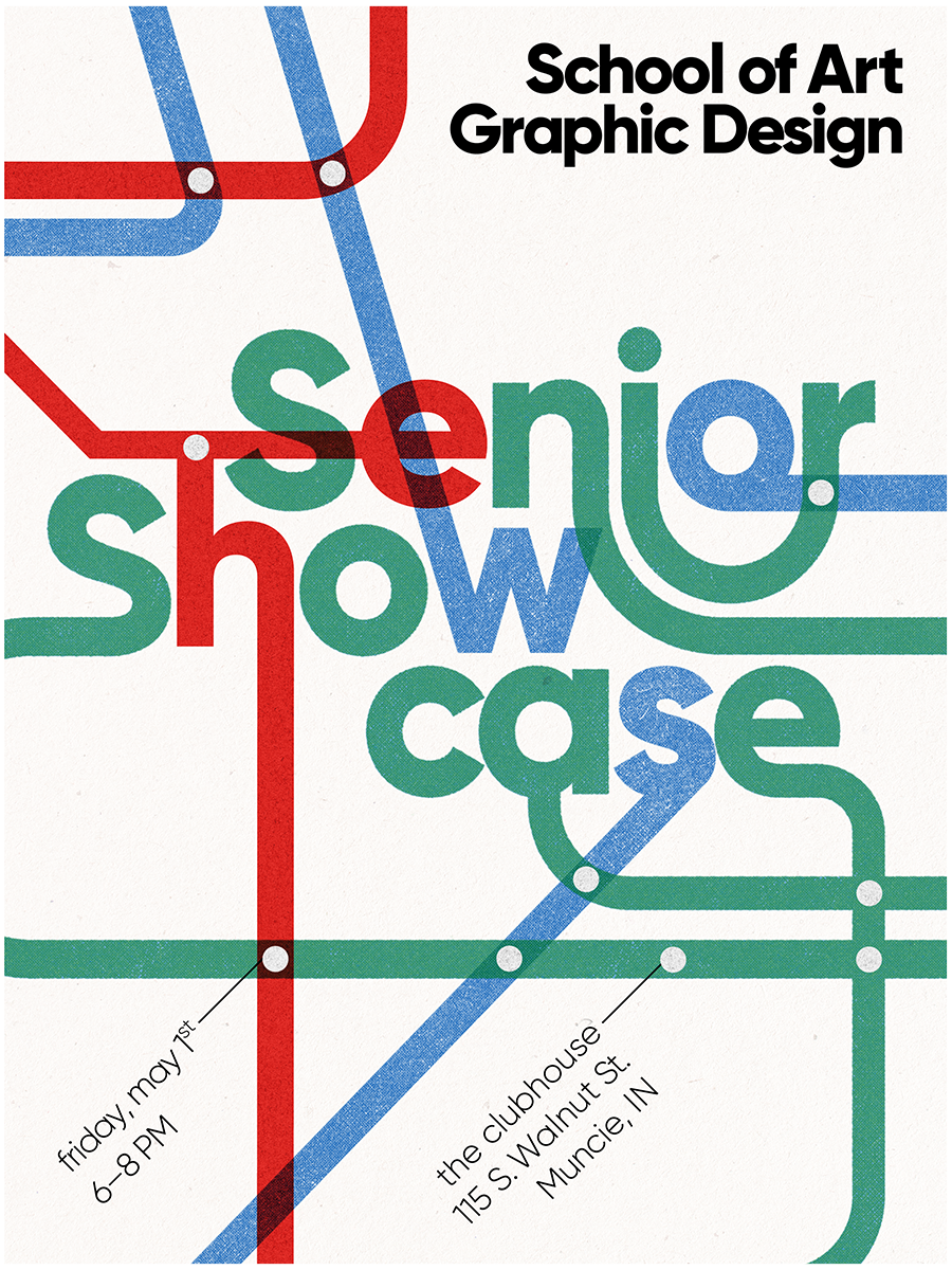 a header image designed to look map-like. It says 'Senior Showcase" in the center with event details shown below as map points and "School of Art and Graphic Design" in the upper right.