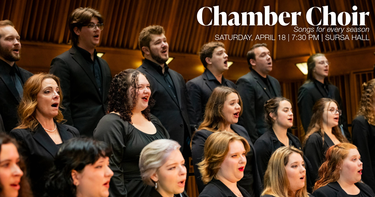 A choir in black clothing singing against a wooden paneled backdrop. The event details are in white text in the upper right.