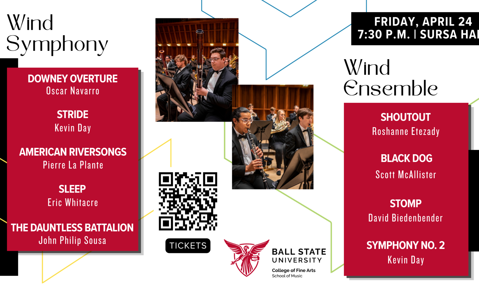 White image with red boxes filled with event details. A QR code and two photos are stacked in the center.