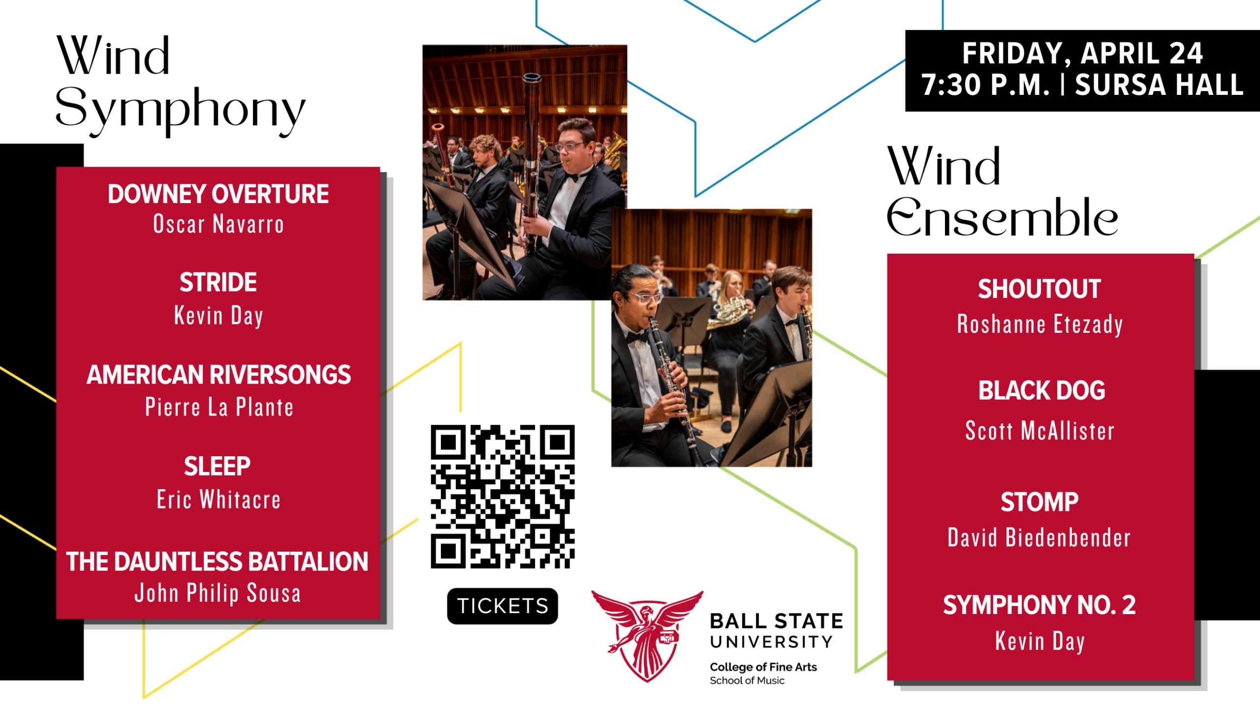 White image with red boxes filled with event details. A QR code and two photos are stacked in the center.