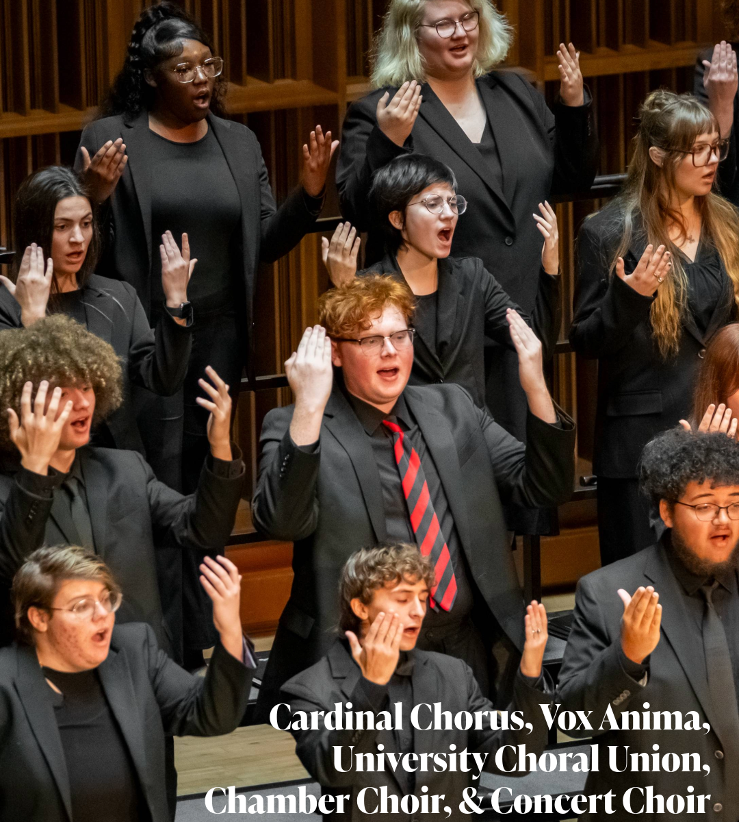 A choir in black clothing singing against a wooden paneled backdrop. The event details are in white text in the lower right.