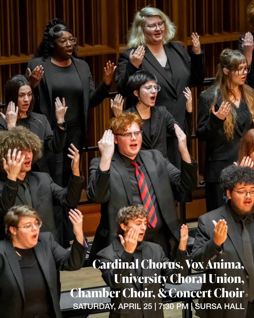 A choir in black clothing singing against a wooden paneled backdrop. The event details are in white text in the lower right.