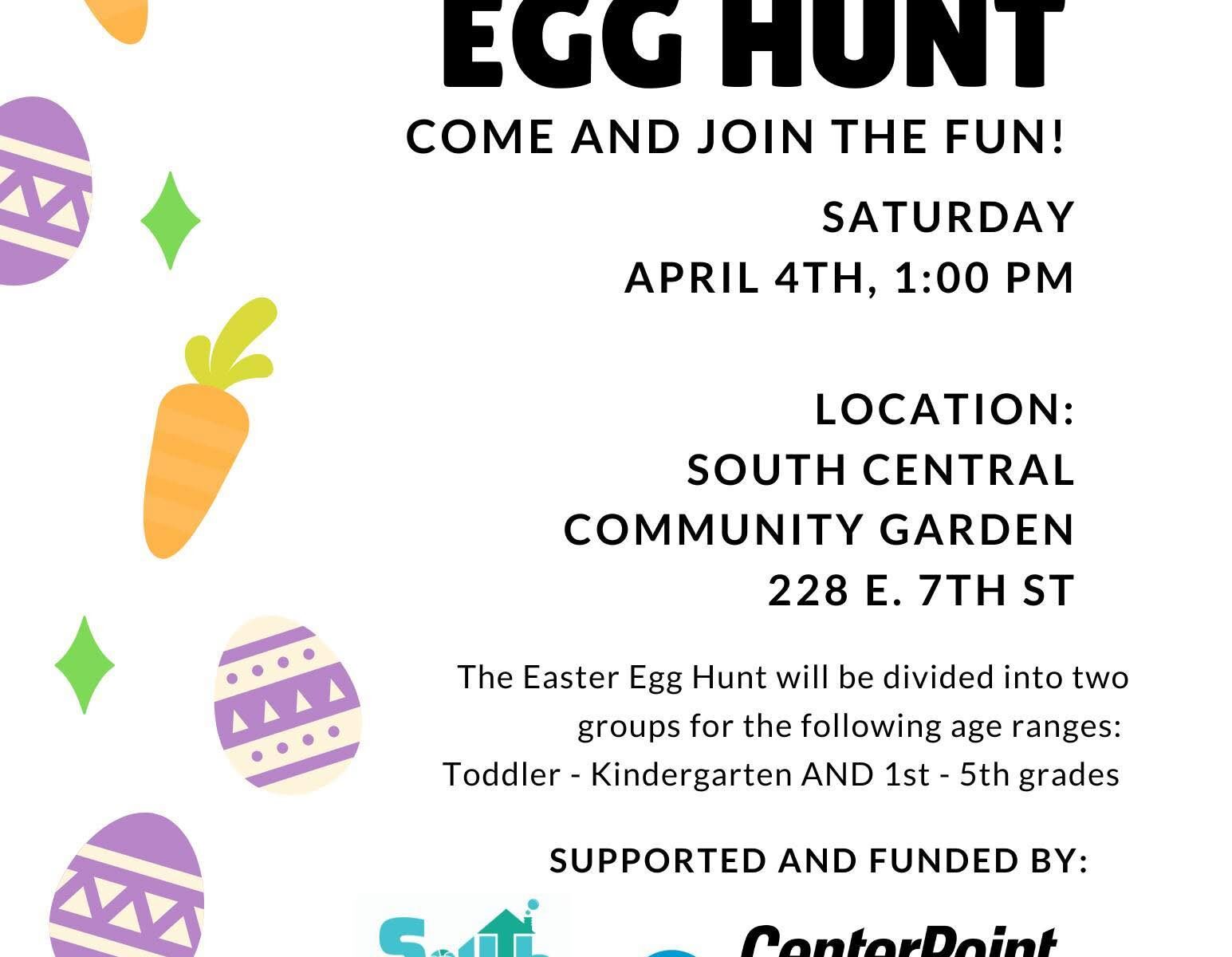 A white flyer with black text and decorative pastel Easter themed graphics on the left side. It lists the event details.