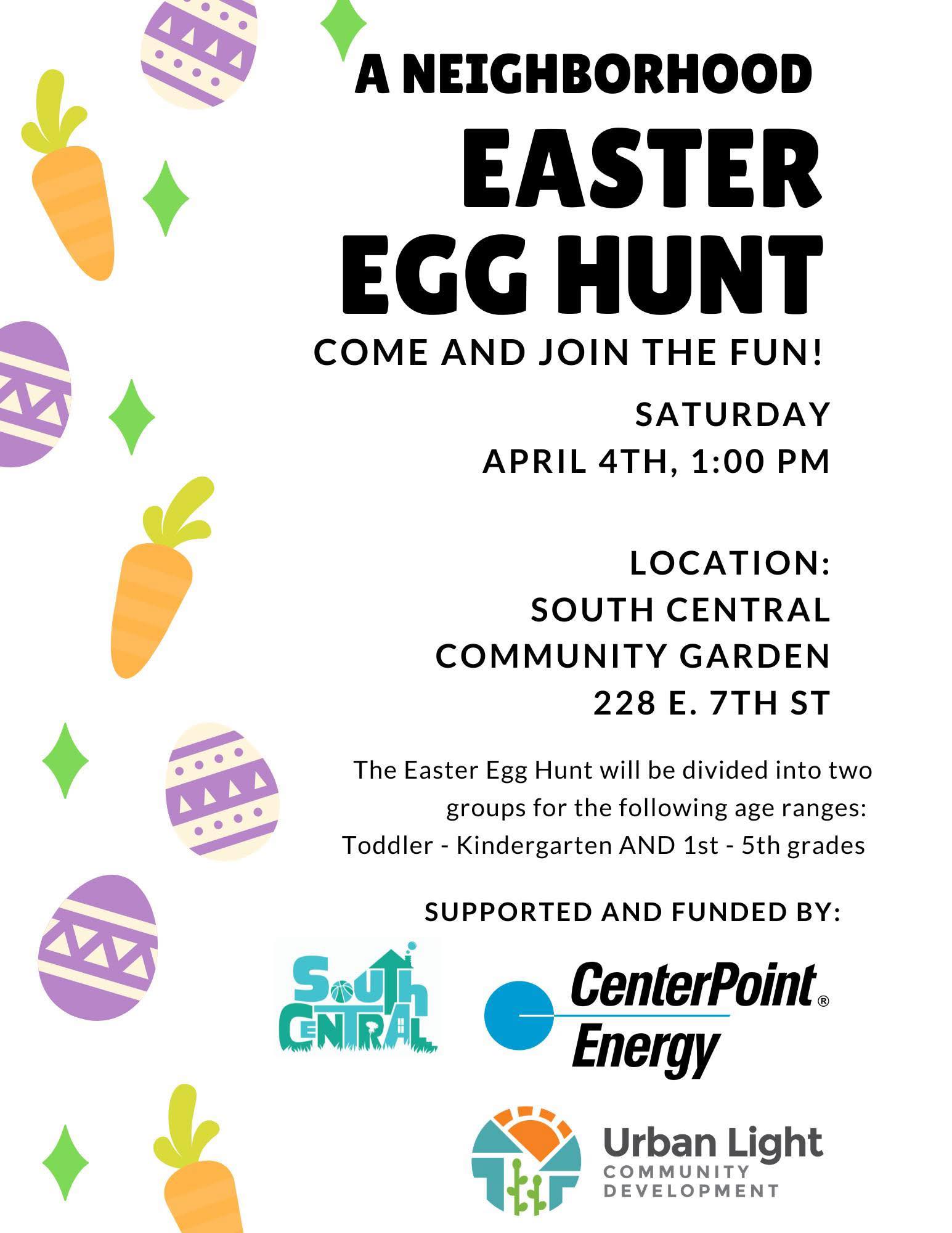 A white flyer with black text and decorative pastel Easter themed graphics on the left side. It lists the event details.