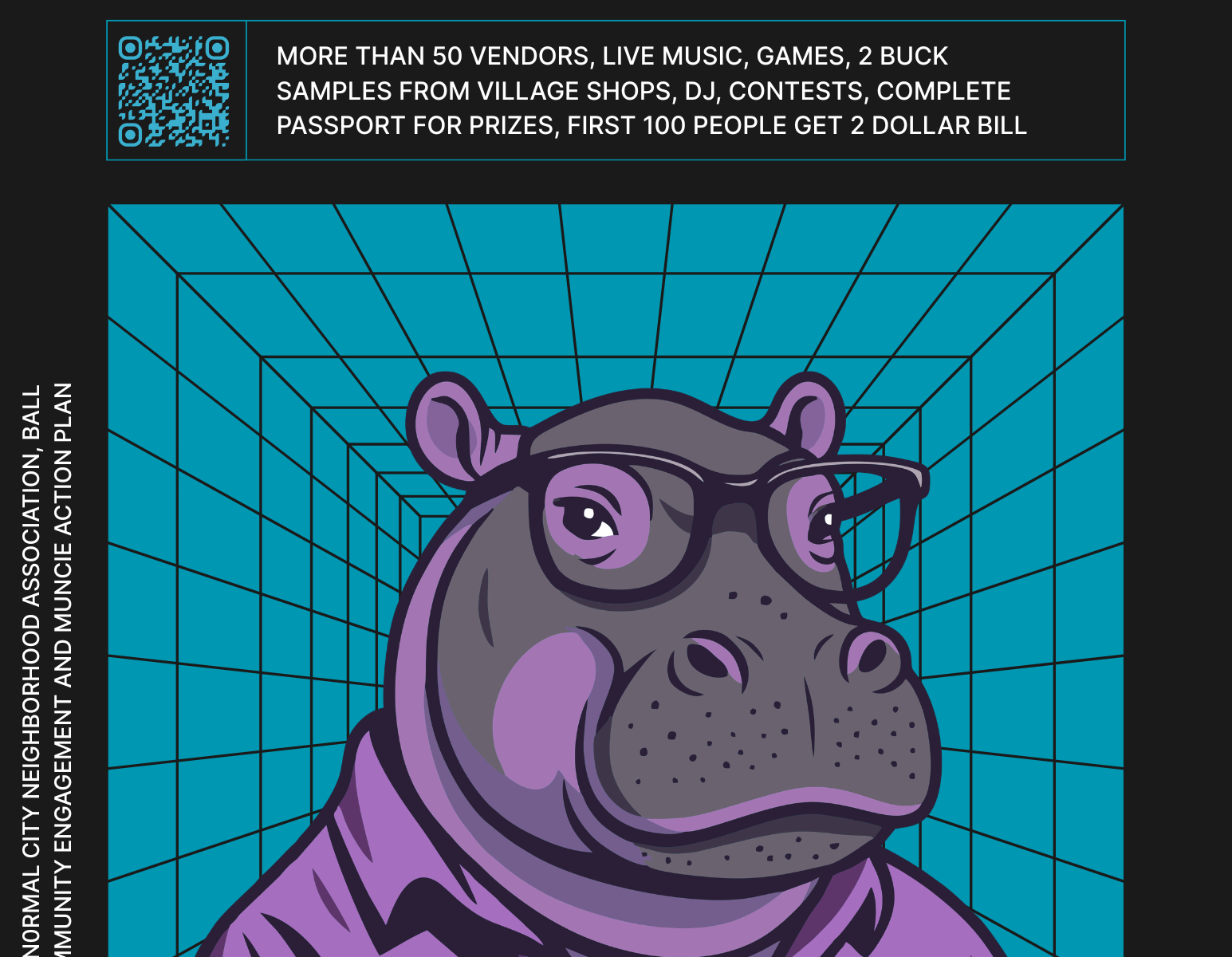 Black image with white text containing the details of the event. .At the bottom there is an image off a gray hippo in a purple work shirt against a blue perspective grid