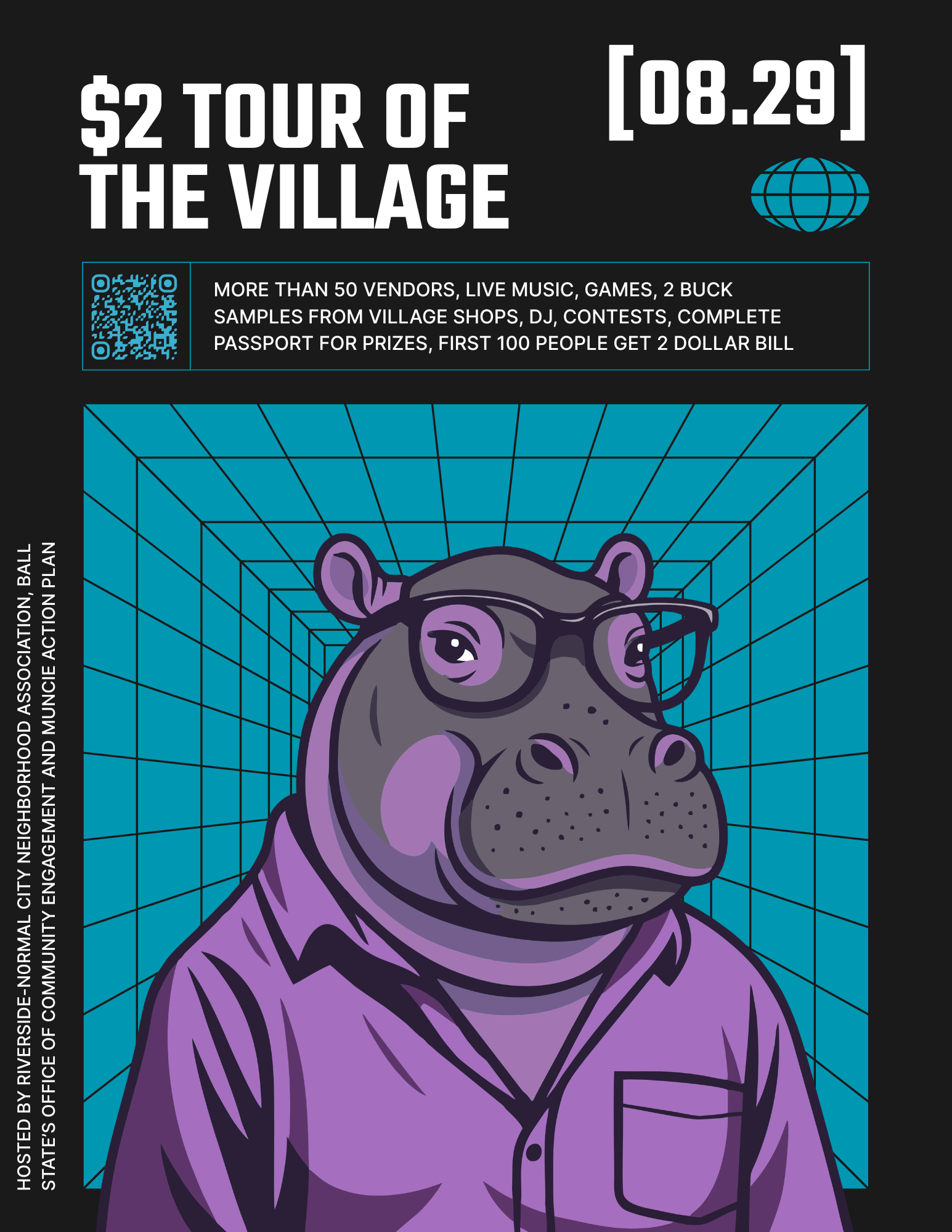 Black image with white text containing the details of the event. .At the bottom there is an image off a gray hippo in a purple work shirt against a blue perspective grid
